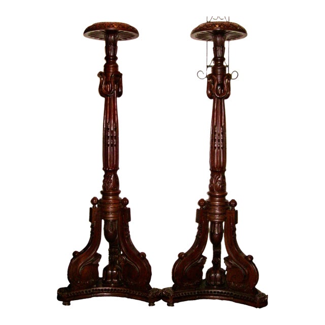 Gothic Style Reproduction Torchères Mahogany Candelabra Pedestals/Stands - a Pair For Sale