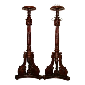 Gothic Style Reproduction Torchères Mahogany Candelabra Pedestals/Stands - a Pair