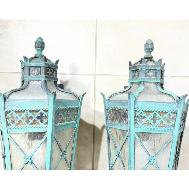 Turquoise Large Pair of Handcrafted Wall-Mounted Solid Brass Lanterns / Sconces For Sale - Image 8 of 18