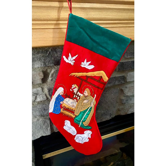 Beautiful Vintage Nativity Christmas stocking features a beautifully hand-detailed, dimensional Arpillera folk art style...