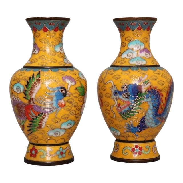 Pair of Vintage Cloisonne Enamel Vases – 6.1" Yellow Ground Dragon & Phoenix Vases For Sale