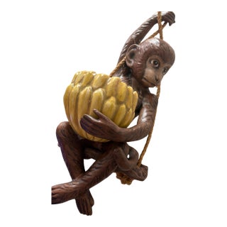 Hanging Planter Swinging Monkey With Banana Bowl “Porch Monkey” Vintage 1970s For Sale