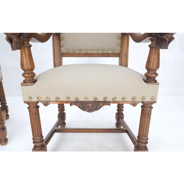 Metal Pair Antique Heavily Carved Walnut Cherub North Wind Faces Arm Chairs New Uphols For Sale - Image 7 of 18