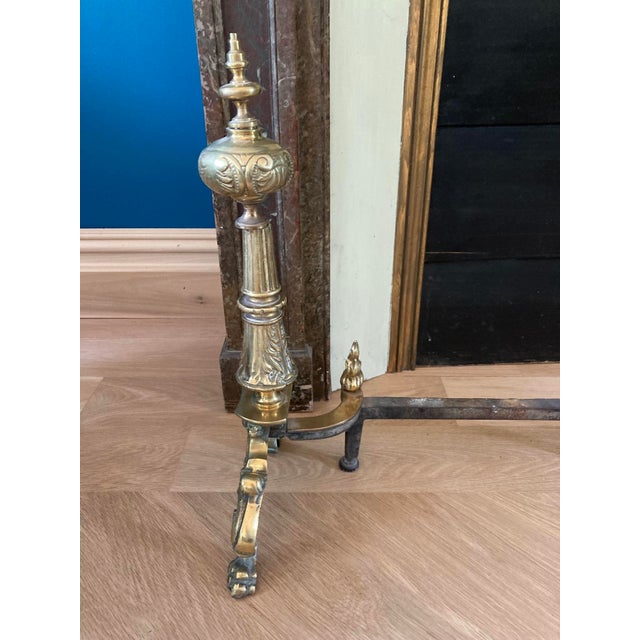 Neoclassical Antique Pair French Neoclassical Brass Andirons — Fluted Column, Lion Paw Feet For Sale - Image 3 of 12