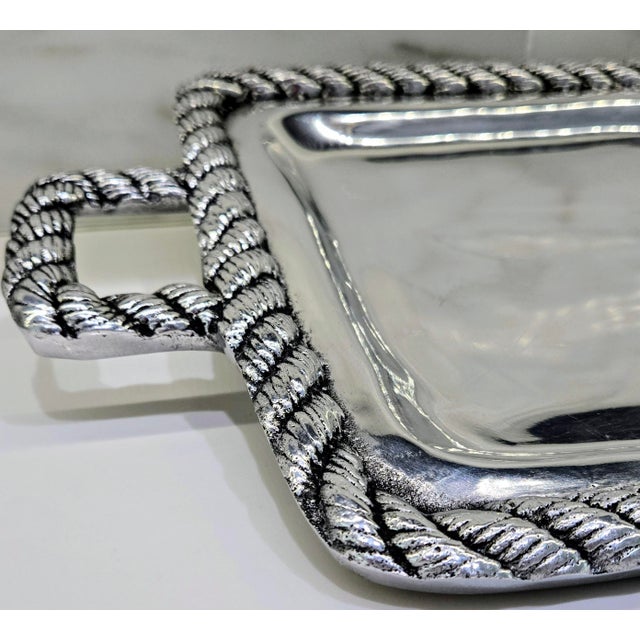 Vintage Mexican Pewter Rope Border Handled Serving Tray Set, Large Rectangular & Small Square Trays For Sale In Dallas - Image 6 of 9