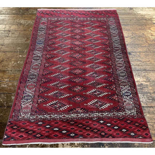 A fabulous antique Yomut rug, woven in Turkmenistan circa 1900. This rug features an all over geometrical design of...