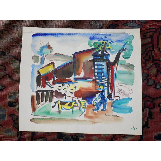 Paper Vintage Original Mid 20th Century Listed Wpa Artist Signed Expressionist Farm Landscape Watercolor For Sale - Image 7 of 7