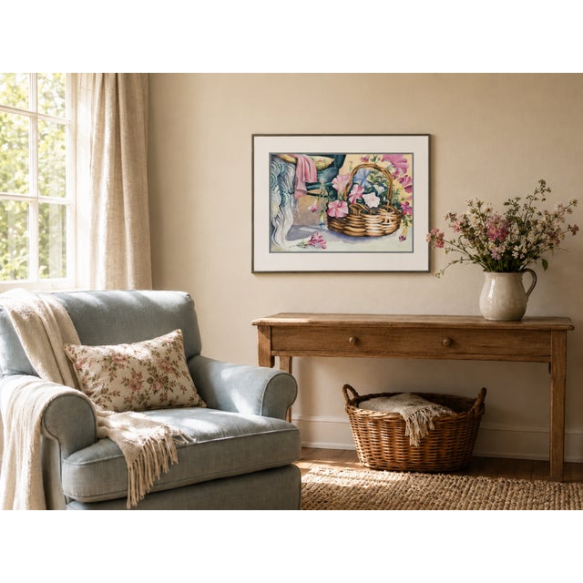 Still Life of Basket of Flowers and Arm Chair - Tomoko Parry, C. 1990s For Sale - Image 9 of 10