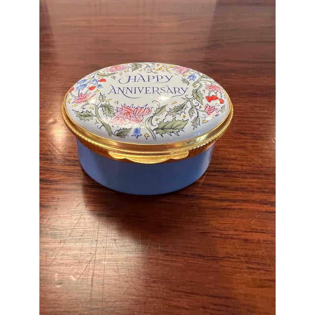 Metal 1980s Crummels & Co Oval Enamel Box, Happy Anniversary Floral, English For Sale - Image 7 of 7