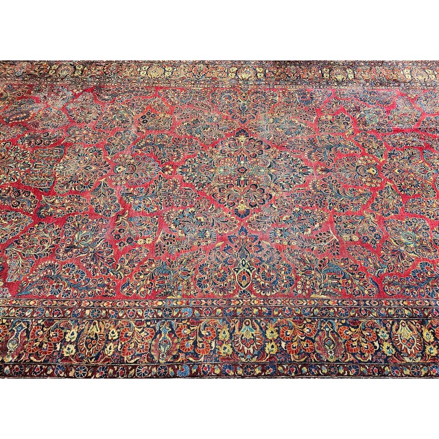 Antique Oversized Persian Sarouk Area Rug, Hand-Knotted Wool, Allover Floral Pattern, 10x18, Red & Navy For Sale In Chicago - Image 6 of 18