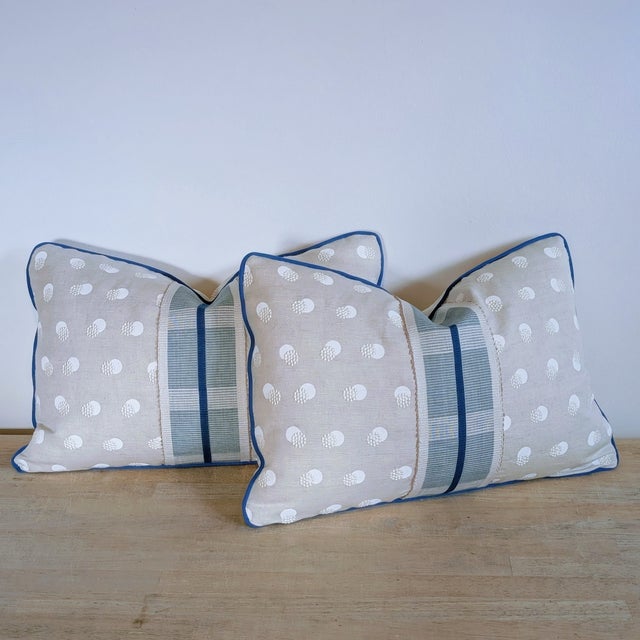 Schumacher Taylor Embroidered Lumbars With Mineral Blue Tape Trim For Sale In Greensboro - Image 6 of 7