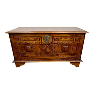 1940s Hand Carved Wooden Chest For Sale