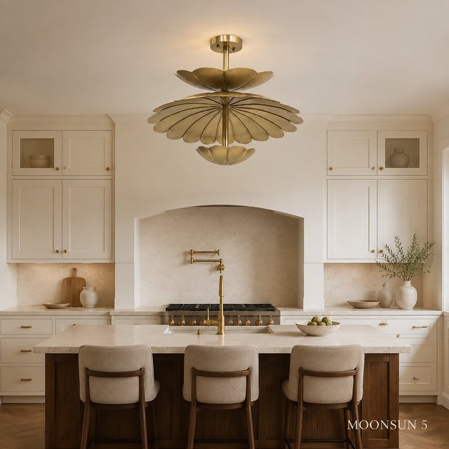 Handmade Brass Lotus Flush Mount Ceiling Light, Antique Floral Fixture For Sale - Image 9 of 12