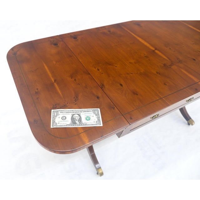 Yew Wood Drop Leaves Two Drawers Low Profile Brass Feet Desk Console Table MINT For Sale - Image 9 of 18