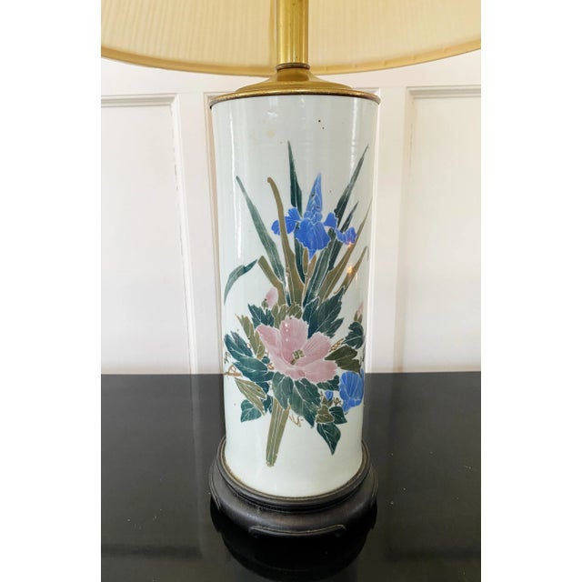 Vintage Mid-Century Hand-Painted Ceramic and Brass Floral Lamp For Sale - Image 4 of 13