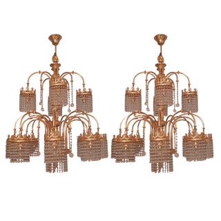 Empire Gold-Plated Chandeliers with Crystals, 1970s, Set of 2 For Sale