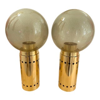 Contemporary Pair of Brass and Gray Murano Glass Globe Lamps, Italy For Sale