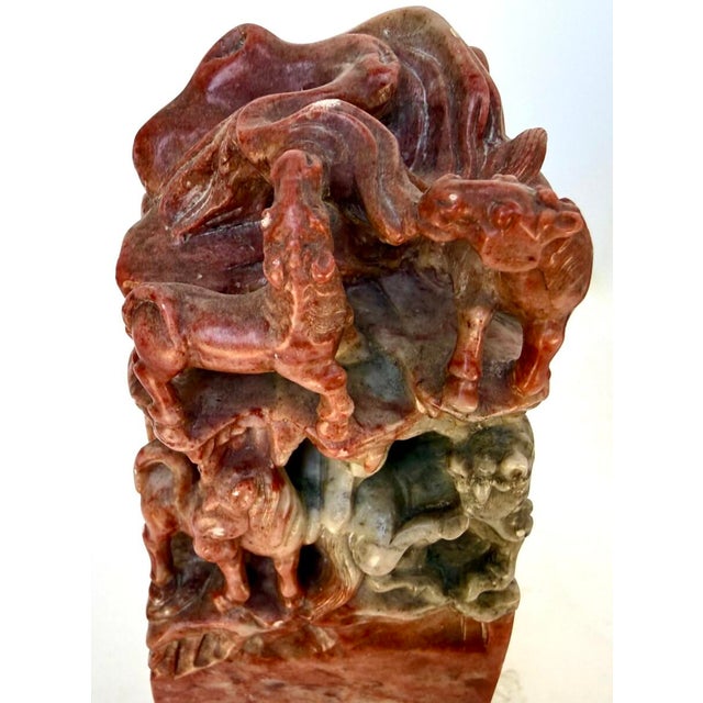 Mid 20th Century Large MidCentury Chinese Carved Oxblood Pair of Soapstone 8-Horse Seal Bookends For Sale - Image 5 of 12