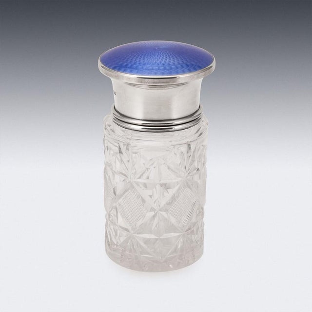 20thc English Silver, Guilloché Enamel & Cut Crystal Jar, London 1929 For Sale - Image 4 of 14