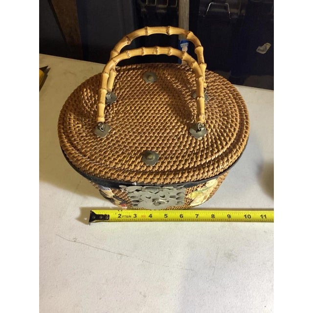 Goldenrod Antique Chinese Woven Wedding Basket With Silk Appliqué Decorative Basket For Sale - Image 8 of 10