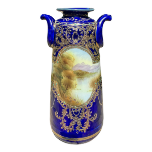 Antique Hand Painted Nippon 12” Handled Porcelain Vase