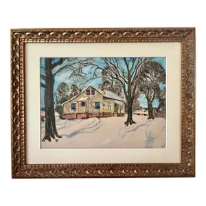 A Vintage American Pastel Drawing of a Cabin in the Woods Signed.