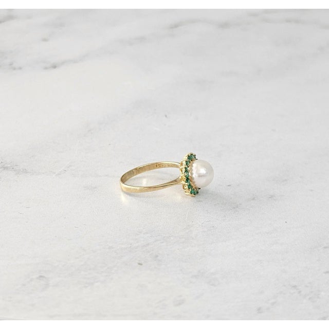 2020s Pearl & Emerald Halo Ring 14k Yellow Gold, Size 5 For Sale - Image 5 of 5