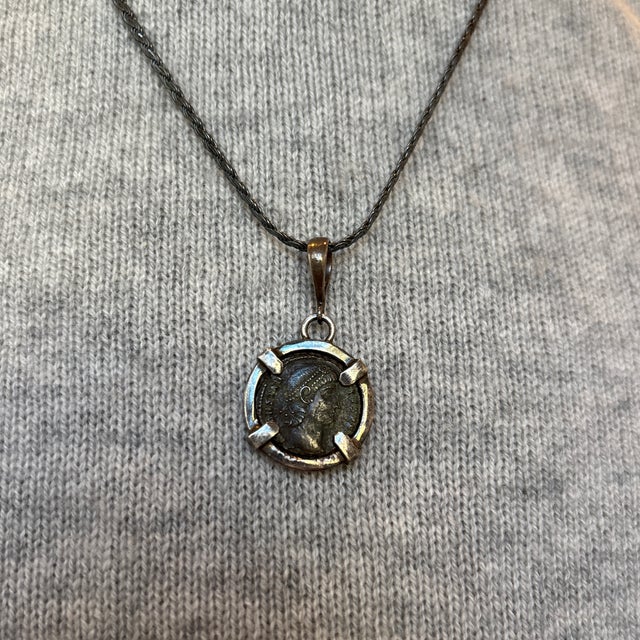 Silver Antique Pendant W Roman Coin & Four Prong Silver Setting For Sale - Image 8 of 11