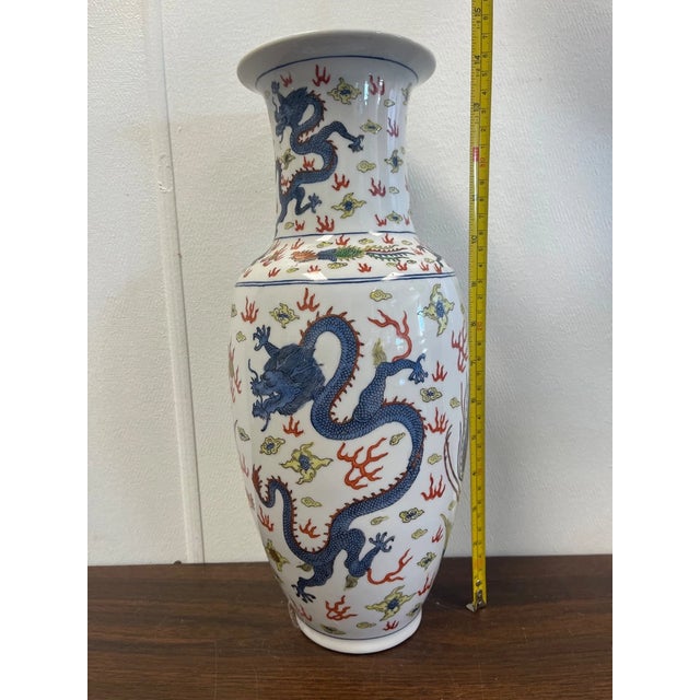 Vintage Japanese Hand Painted Cantonware Porcelain Dragon Peacock 14" Vase For Sale - Image 4 of 5