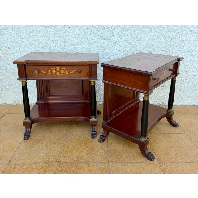French Empire Wood Nightstands with Marquetry and Black Columns, 1935, Set of 2 For Sale - Image 11 of 15