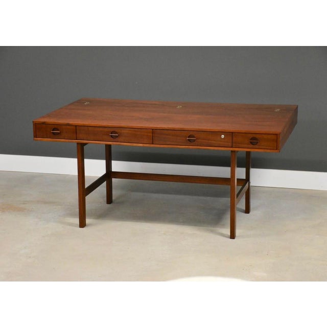 Mid-Century Modern 1975 Refinished Peter Lovig Signed Teak Flip Top Desk For Sale - Image 3 of 10