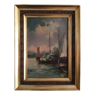 Adrien Dutrey, Sailboats on the Shore, 1890s, Oil on Canvas For Sale