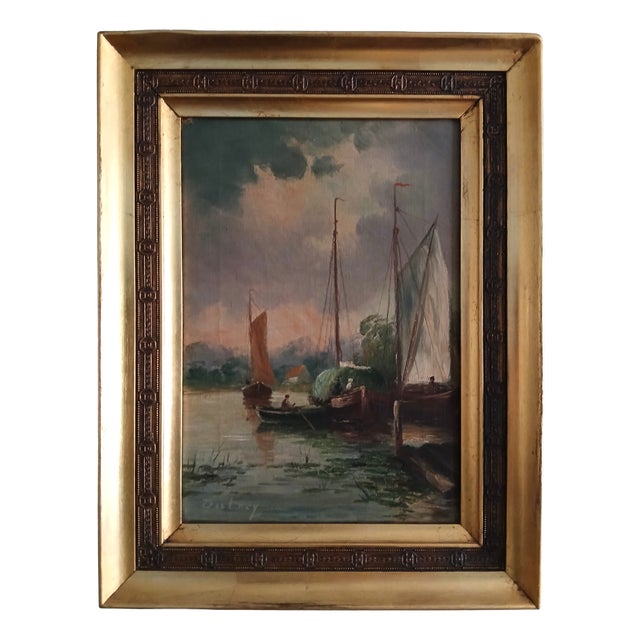 Adrien Dutrey, Sailboats on the Shore, 1890s, Oil on Canvas For Sale