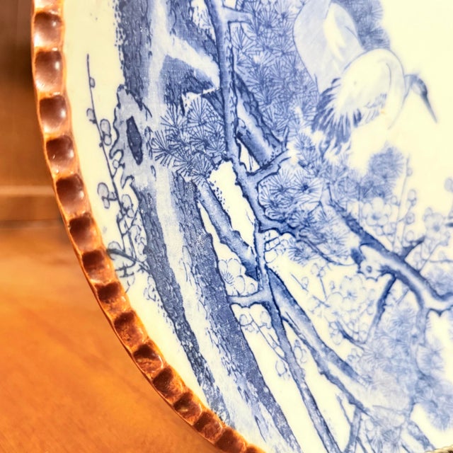 Pair of Antique Japanese Meiji Period Blue & White Porcelain Chargers — Crane & Calligraphy, Scalloped Rim, c.1880–1910 For Sale In Chicago - Image 6 of 12