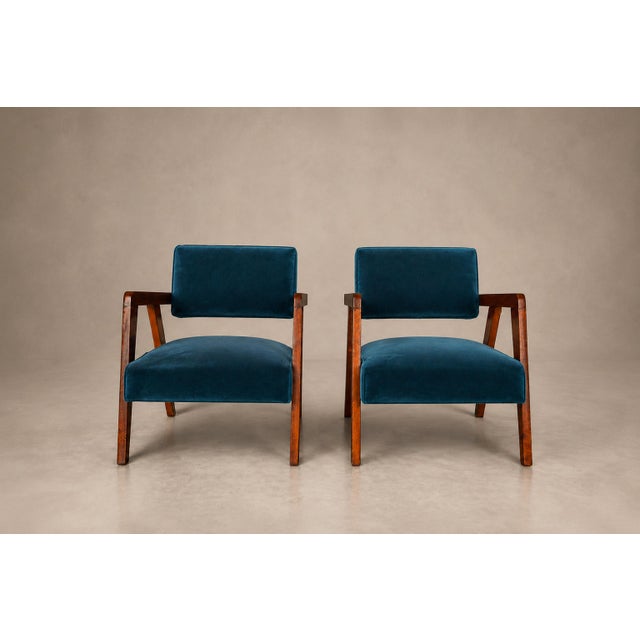 Brazilian Modern Armchairs in Imbuia Wood and Deep Petrol-Blue Mohair, Brazil, 1950s For Sale - Image 15 of 18