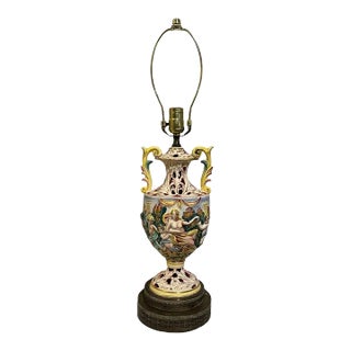 Vintage Italian Reticulated Capodimonte Handled Urn Lamp With Nudes For Sale