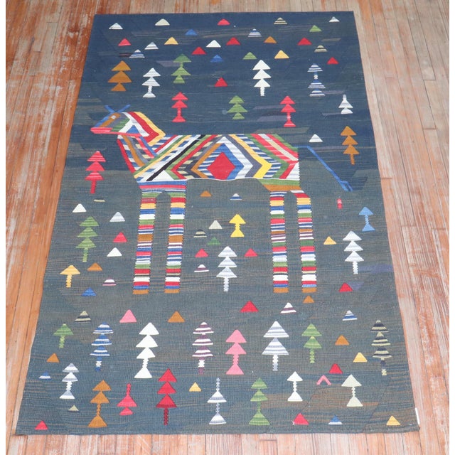 Dark Gray Late 20th Century Zabihi Collection Persian Horse Pictorial Wall Kilim - 4'3" x 7'2" For Sale - Image 8 of 8