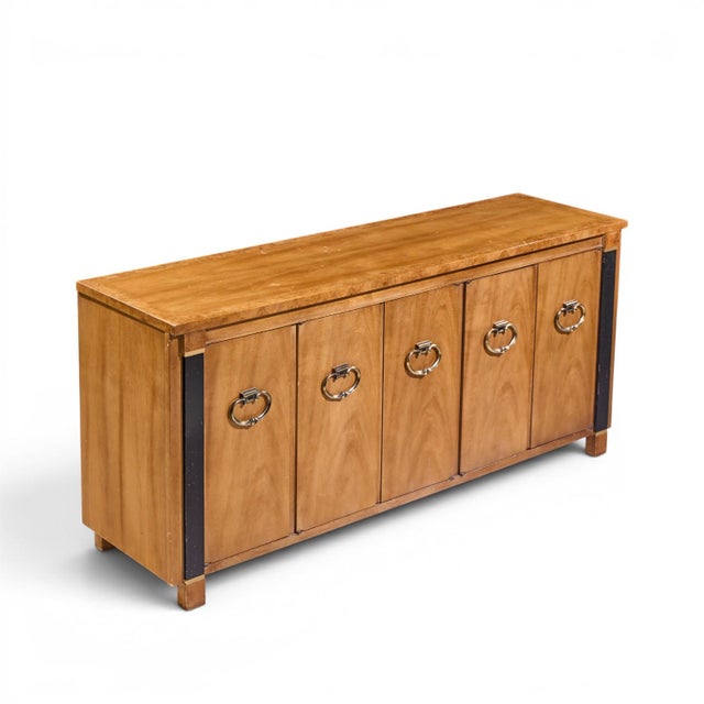 American of Martinsville Mid Century Walnut, Burlwood and Brass Credenza For Sale - Image 10 of 11