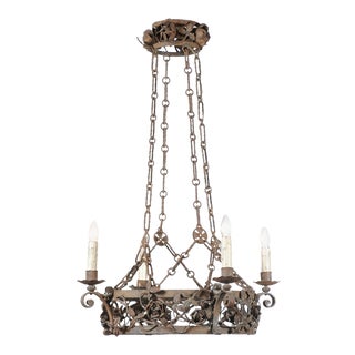 19th Century French Four-Light Iron Ring Chandelier with Flowers and Vines For Sale