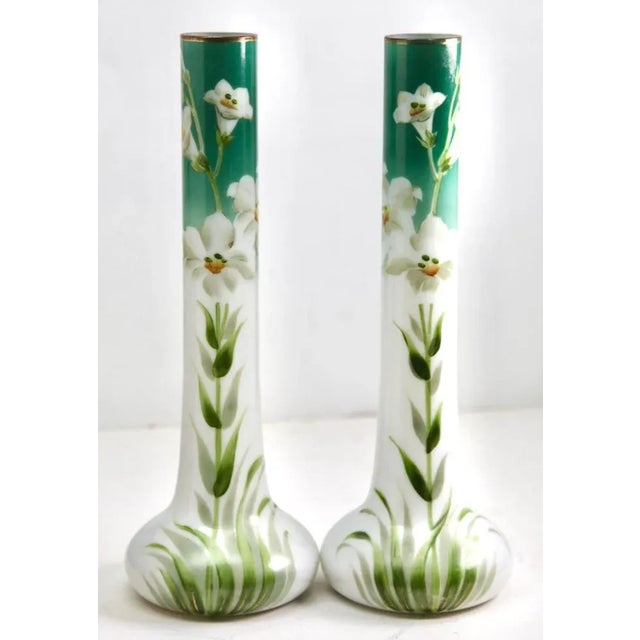 Glass Art Nouveau Hand-Painted Opaline Glass Vases, France, 1920s, Set of 2 For Sale - Image 7 of 10