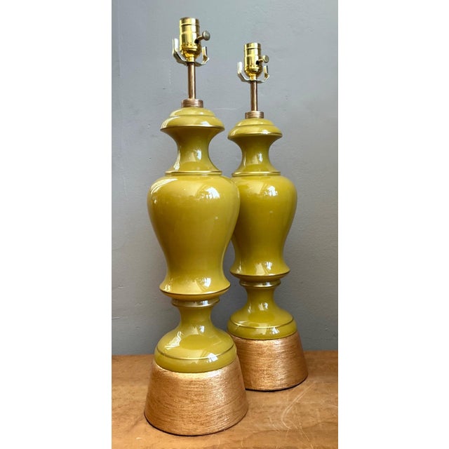 Mid 20th Century Vintage Gilt Tipped Painted Glass Lamps - A Pair For Sale - Image 5 of 16
