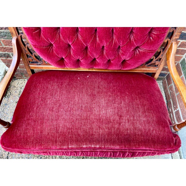 Textile Vintage Victorian-Style Wine Red Velvet Loveseat For Sale - Image 7 of 17