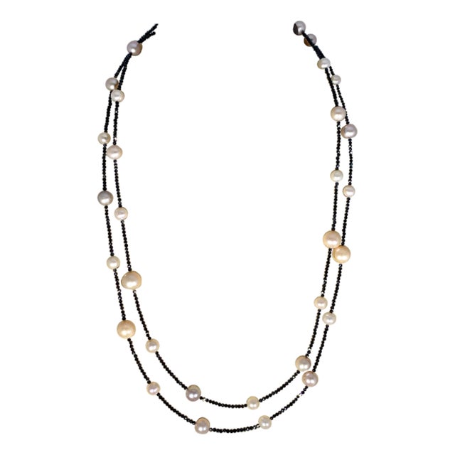 Fresh Water Pearl Single Strand Necklace with Black Spinel Opera Length 46 Inch For Sale