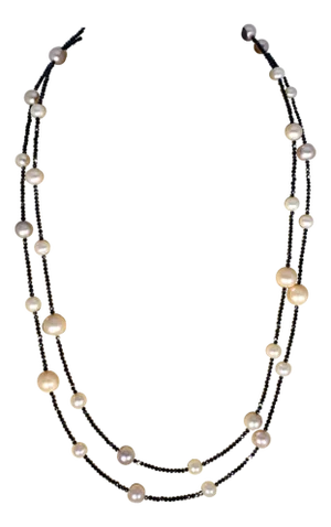 Fresh Water Pearl Single Strand Necklace with Black Spinel Opera Length 46 Inch