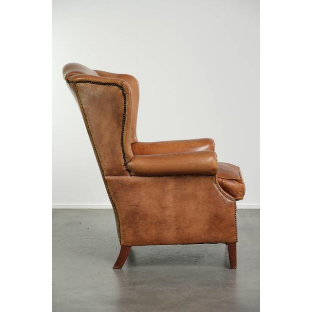 English Sheepskin Wing Armchair in Light Cognac Color For Sale - Image 3 of 13