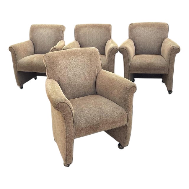 Vintage English Rolled Arm Club Chairs With Brass Shepherd Casters | Set of 4 For Sale