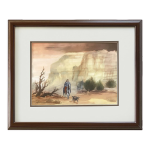 Vintage Original Watercolor by Hal Empie — “The Bodyguard” — Southwestern Desert Scene With Rider & Dog, Framed
