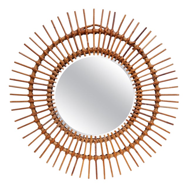 Round Sun Burst Wall Mirror in Bamboo, France, 1950s For Sale