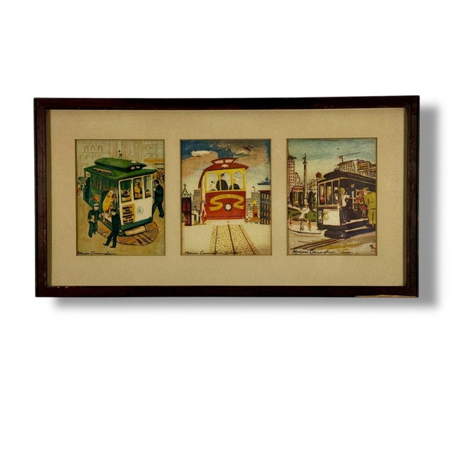 Cream 1944 Signed Marion Cunningham San Francisco Cable Car Serigraph Triptych, Mid-Century Modern Sf Wall Art, Vintage Wwii Era Silkscreen Set For Sale - Image 8 of 13