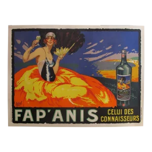 1935 Original French Art Deco Alcohol Poster, Fap'Anis